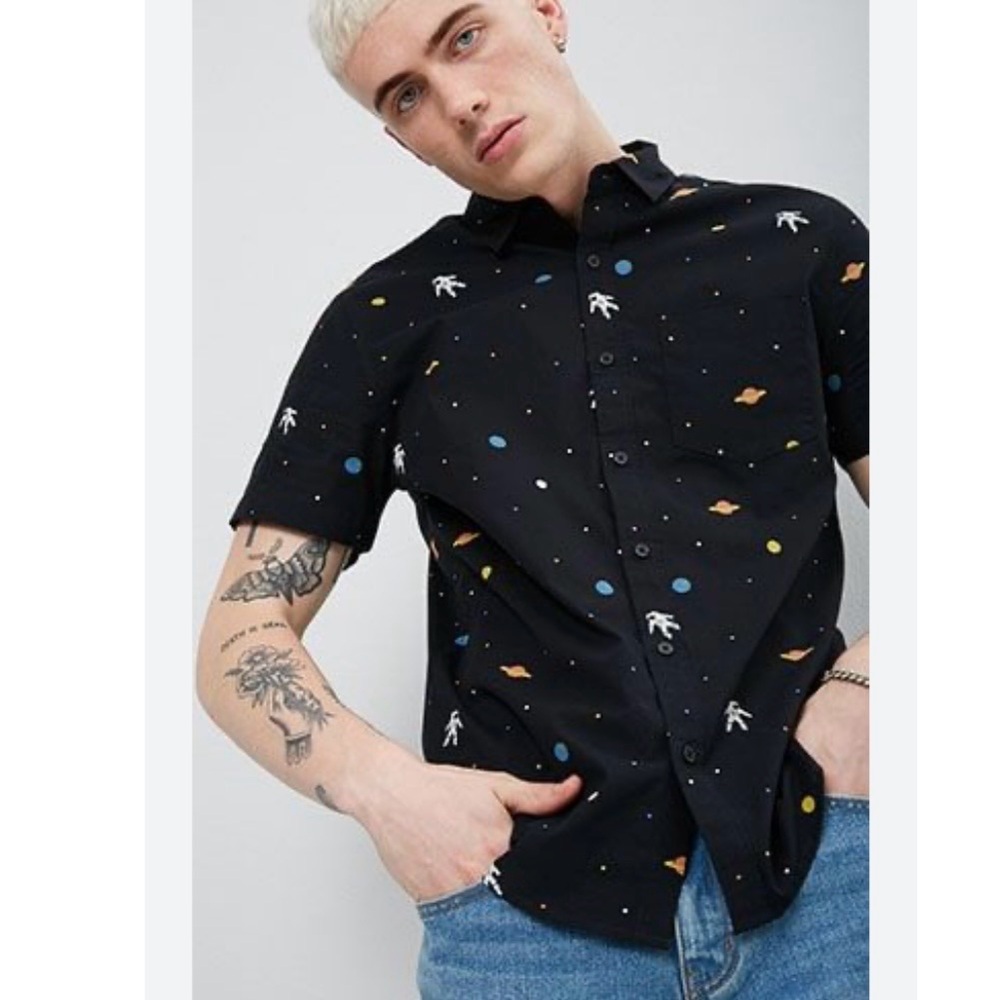 Denim & Flower Astronaut Space Print Button Down Slim Fit Shirt in Black - Large